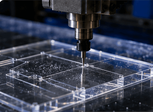 Router CNC cortando una pieza de acrílico en el taller de Acrílica del Perú